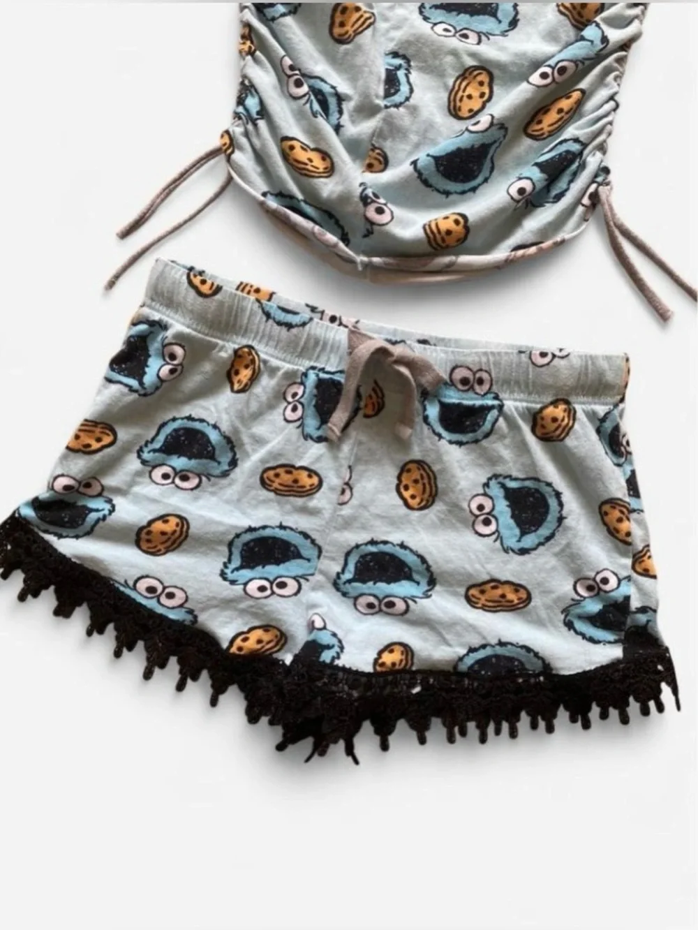 Upcycled Cookie Monster Tube Top & Shorts with Lace Trim Matching Set